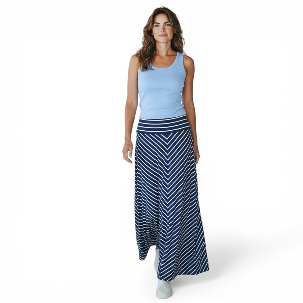 Athleta Navy & White Striped Maxi Skirt Side Slit Stretch Knit Coastal Boho S
